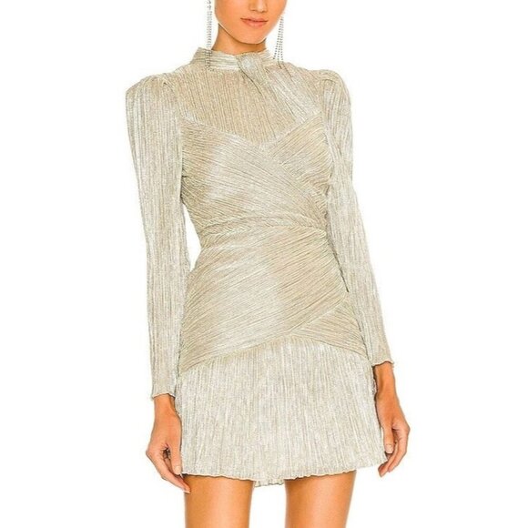 Saylor Saydee Mini Dress Beige Platinum Metallic Mock Neck Long Sleeve Sz Large - Picture 1 of 16